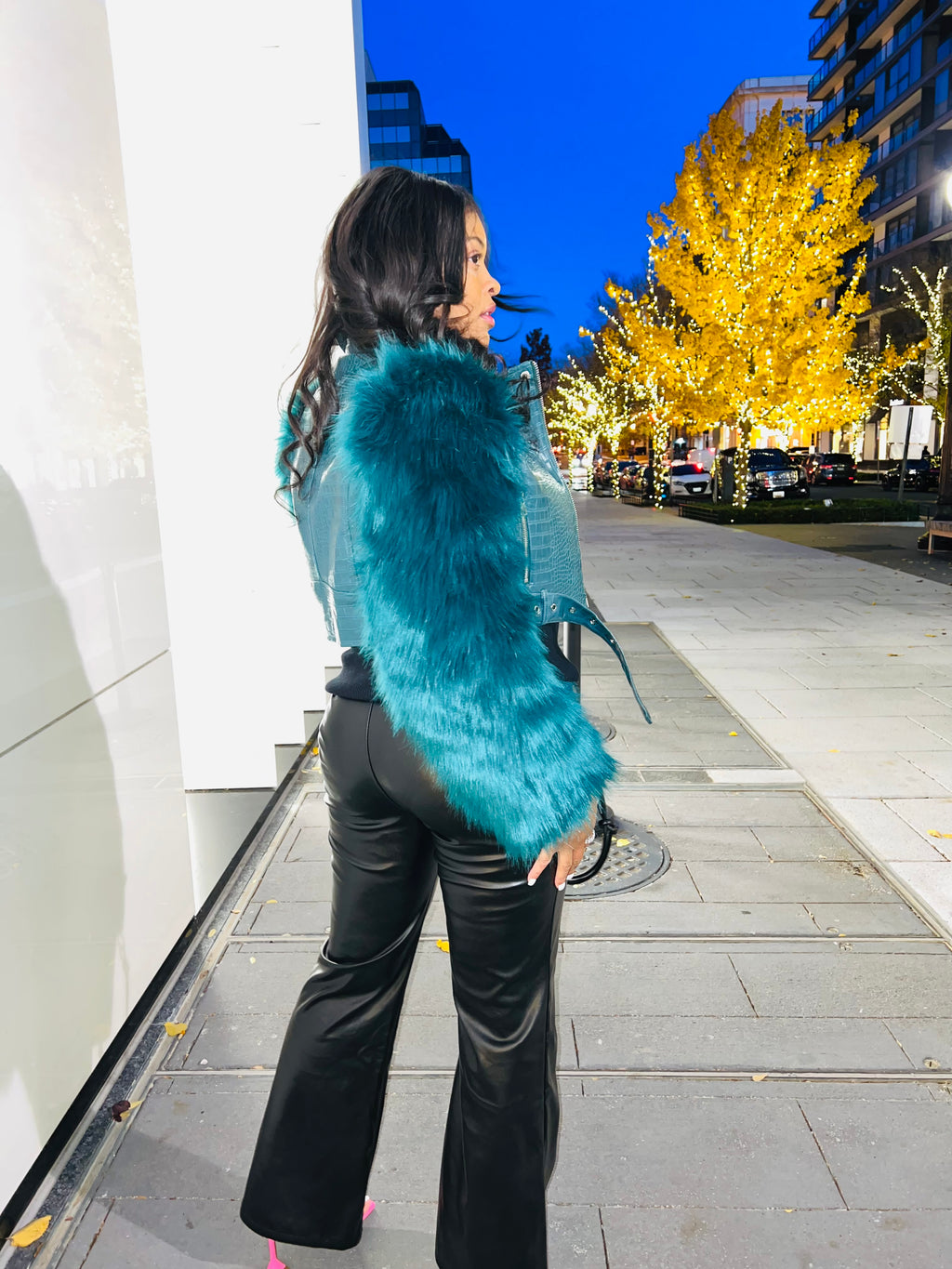 Teal fur coat